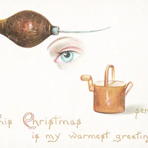 Awl, Eye and Watering Can, Christmas Card (chromolitho)