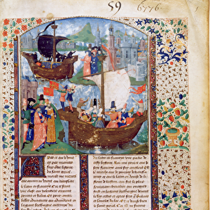 B. N. Ms. Fr 103 f. 1 Tristan and Iseult leave Ireland; Tristan drinks the potion
