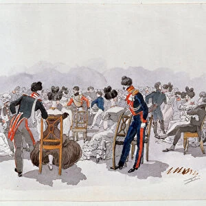 A un bal (At A Ball). Autour de la piste de danse a l arriere plan, des femmes parees en toilette elegante sont assises sur des chaises et bavardent avec des officiers. Peinture de Adolphe Ladurner (1798-1856), aquarelle sur papier, vers 1830