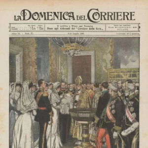 The baptism of the Infanta Beatrice, the third daughter of the Sovereigns of Spain, in the throne room of... (colour litho)