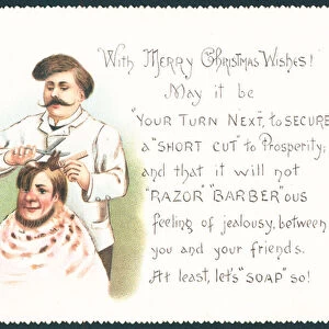 Barber Cutting Hair, Christmas Card (chromolitho)