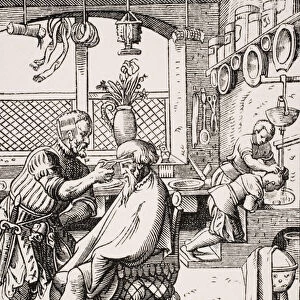 Barber, reproduction of a woodcut by Jost Amman (1539-91) from Le Moyen Age