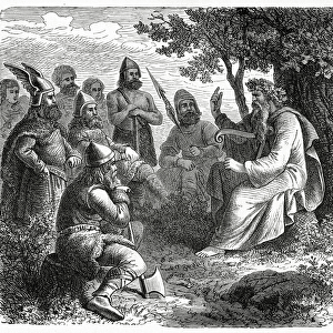 A Bard reciting to Northmen, c. 1882 (wood engraving)