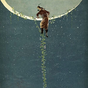 Baron Munchausen climbs up to the moon by way of a Turkey bean plant, from The