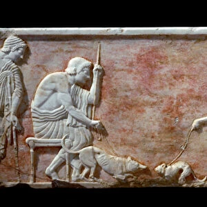 Base of a kouros statue : two young men playing with a dog and a cat