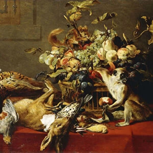 A Basket of Fruit on a Draped Table with Dead Game and a Monkey, (oil on canvas)
