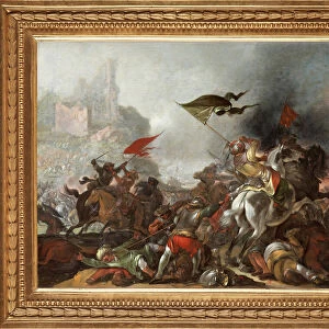 Bataille entre turcs et chretiens lors de la prise de Constantinople par l armee ottomane en 1453 - Peinture de Jacob Matthias Weyer (1620-1670), huile sur bois (39x49 cm) - The Turkish War