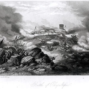 The Battle of Chapultepec, 1847, engraved by J. Duthie (engraving) (b&w photo)