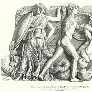 Battle between the Gods and Titans and giants, Ancient Greek relief from Pergamon (engraving)