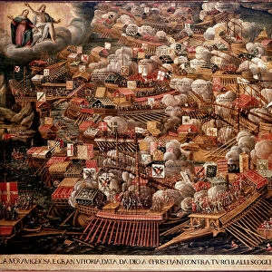 The Battle of Lepanto off Greece between a Spanish, Venetian