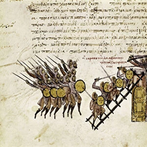 Battles between Muslims and Byzantines in Syracuse, Sicily, in 878, under the rule of Emperor Theophile, miniature from "Synopsis historiarum", c. 1126-1150, 12th century (illuminated manuscript)