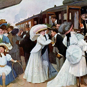 Belle epoque: arrival of the husbands train, 1908 (lithograph)