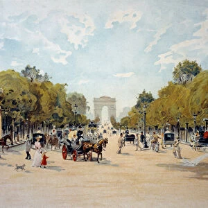 Belle Epoque: view of the Avenue des Champs Elysees and the Arc de Triomphe in Paris