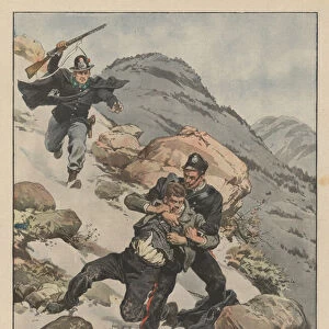 A bitter struggle between the mountain cliffs of the Upper Piedmont between the carabinieri and a criminal, the pursuit (colour litho)