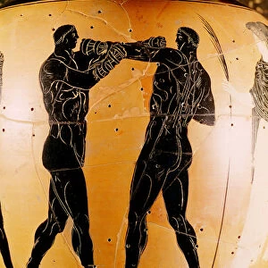 Black-figure Panathenaic amphora depicting a boxing contest, c. 336 BC (pottery)