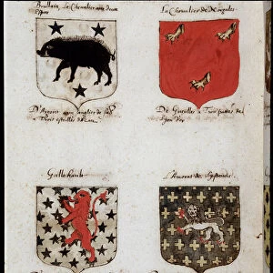 Blazons of Knights of the Round Table: 1. Brallain, the knight with two swings, 2