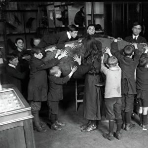 Blind children touching a walrus at Sunderland Museum, c. 1913 (b/w photo)