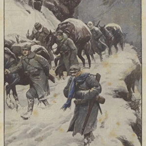 Under the blizzard, a column of supplies on its way to the front lines (colour litho)