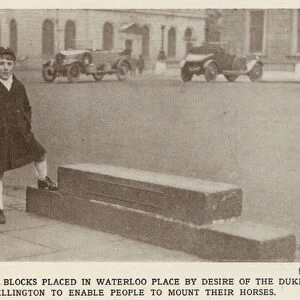 One of the blocks placed in Waterloo Place by desire of the Duke of Wellington to enable people to mount their horses (b / w photo)