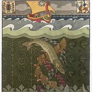 The Bogatyr Volga Transforms himself into a Pike, illustration for the Russian Fairy