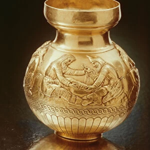 Bottle with ring base depicting Scythians engaged in various activities (gold)