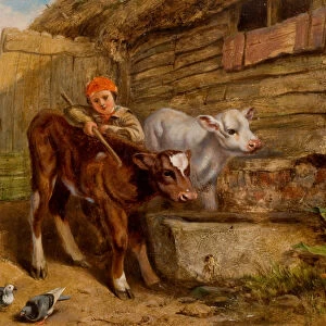 Boy with Calves and Trough (oil on panel)