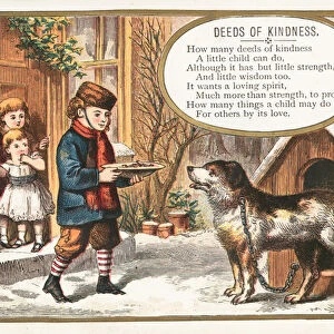 Boy feeding dog in kennel, Christmas Card (chromolitho)