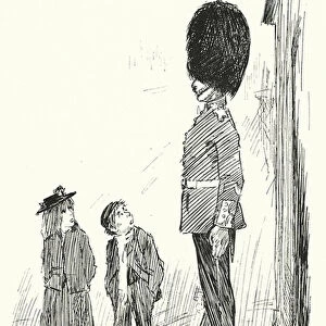 Boy and girl looking up at a guardsman (litho)