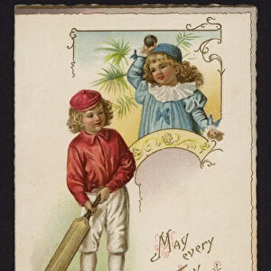 Boy and girl playing cricket, greetings card, late 19th or early 20th Century (chromolitho)