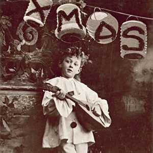Boy playing a lute (b / w photo)