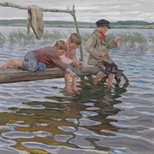 Boys Fishing off a Pier, (oil on canvas)