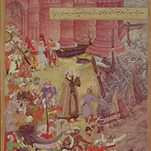 A Bridge of boats broken by Akbar (r. 1556-1605) on his elephant while crossing the river