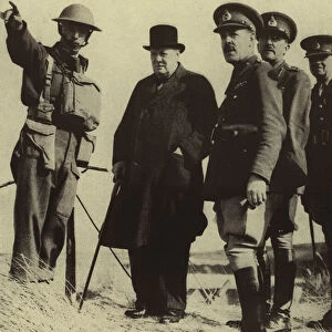 British Prime Minister Winston Churchill ispecting coastal defences in the south of England, accompanied by General Sir Alan Brooke and Major General G le Quesne Martel, World War II, 1940 (b / w photo)