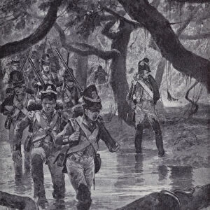 British soldiers crossing the swamps of the Essequibo River in British Guiana, 1814 (litho)