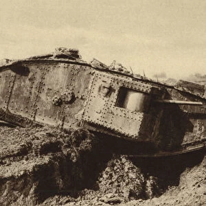 British tank passing over a trench, World War I, 1917-1918 (b / w photo)