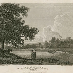 Buckingham House, the Queens Palace, from the Green Park, with the Guard House at Storys Gate etc (engraving)