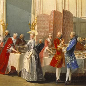 Buffet with guests next to a screen. Detail of "Le The a l