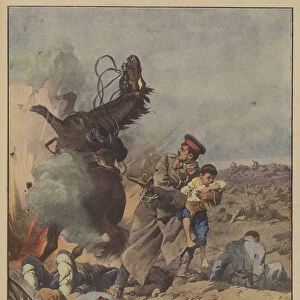 Bulgarian officer to whom a grenade kills the horse just abandoned to collect a child... (colour litho)