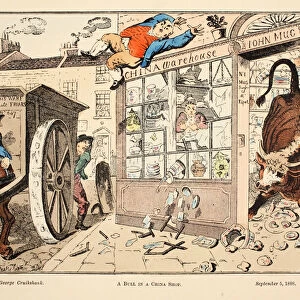 A Bull in a China Shop, pub. 1808 (hand colured engraving)