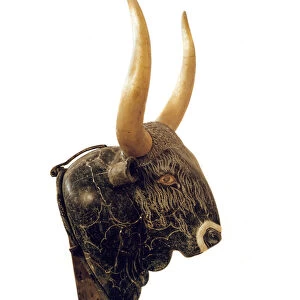 Bulls head rhyton with gold horns. 1550-1500 BC. (black steatite, jasper