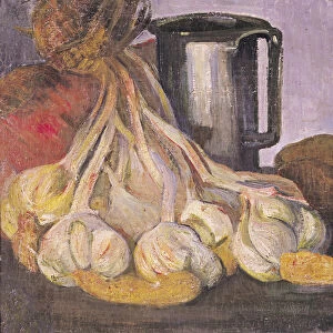 A Bunch of Garlic and a Pewter Tankard (oil on canvas)