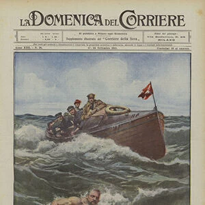 Burgess during the English Channel crossing, which he made after 23 hours and 40 minutes of swimming (colour litho)