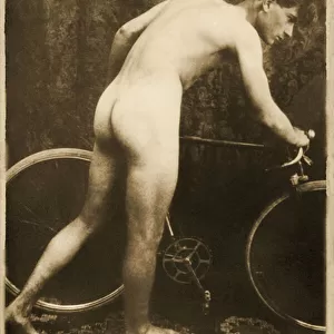 Cabinet Card of a naked cyclist, c. 1898 (Sepia Photo)