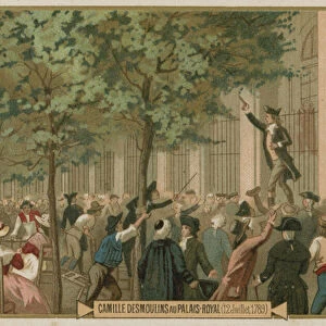Camille Desmoulins issues his call to arms outside the Palais Royal, Paris, French Revolution, 12 July 1789 (chromolitho)