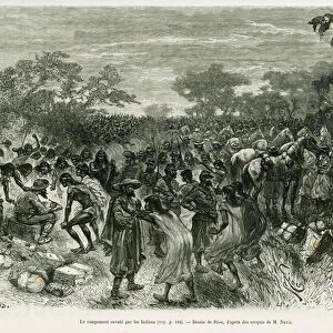 The camp invaded by the Indians. Engraving by Riou, to illustrate the story Voyage dans