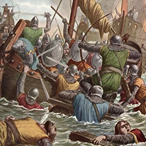 Campaign of Italy in 805: King Pepin of Italy (Carloman) attacks the Venitians in the islands of the lagoon"(Pepin or Pippin (770-810) king of Italy unsuccessful besieging Venice in 805) Illustration by Tancredi Scarpelli (1866-1937)