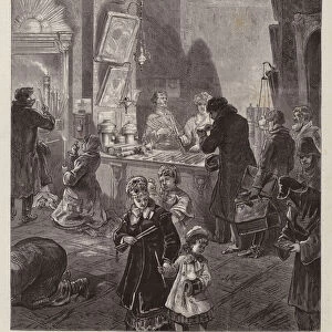 Candles for sale in the vestibule of a church in St Petersburg, Russia, at Christmas (engraving)