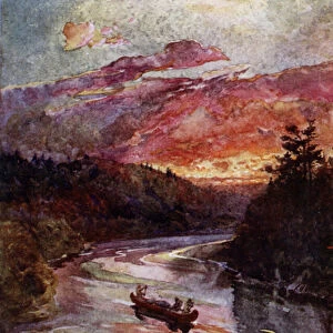 Canoes on a North American river (colour litho)