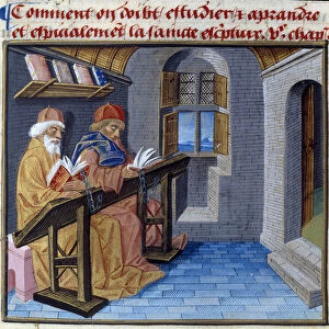 Two canons reading in a library, Le livre de bonnes moeurs de Jacques Legrand