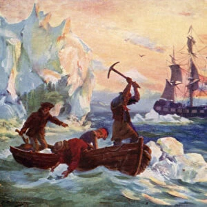 Captain Cooks expedition obtaining ice for a supply of fresh water (colour litho)